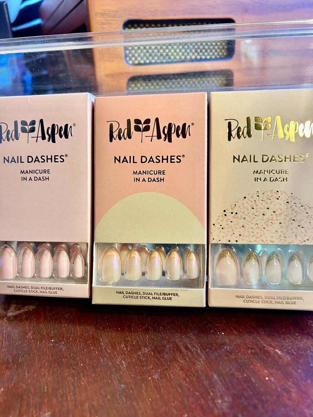 3 sets of Red Aspen Nail Dash: Sparkle and Pink almond french